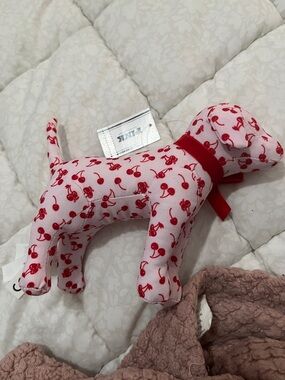 Victoria's Secret Pink Plush Dog Toy with Red Cherry Print and Red Ribbon